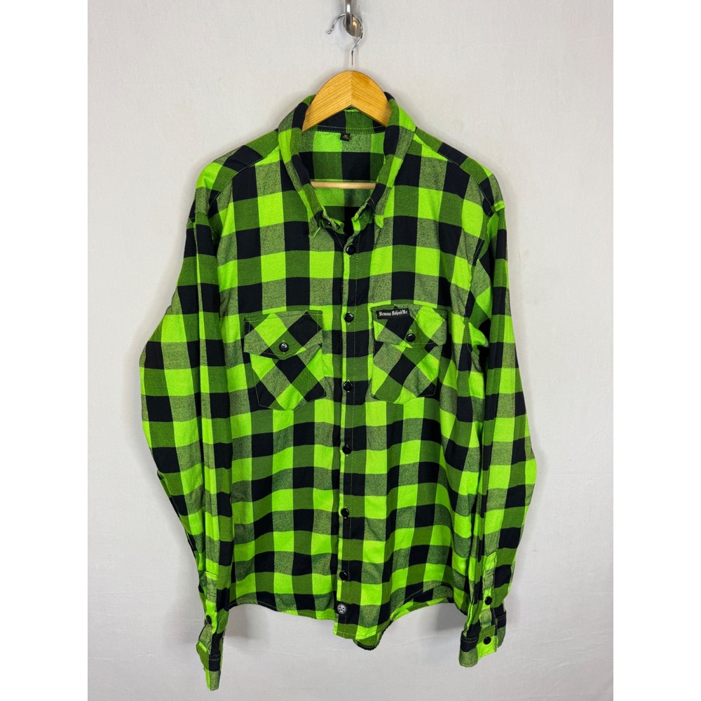 Demons Behind Me Neon Green Black Buffalo Plaid Flannel Shirt XL Tall Skull